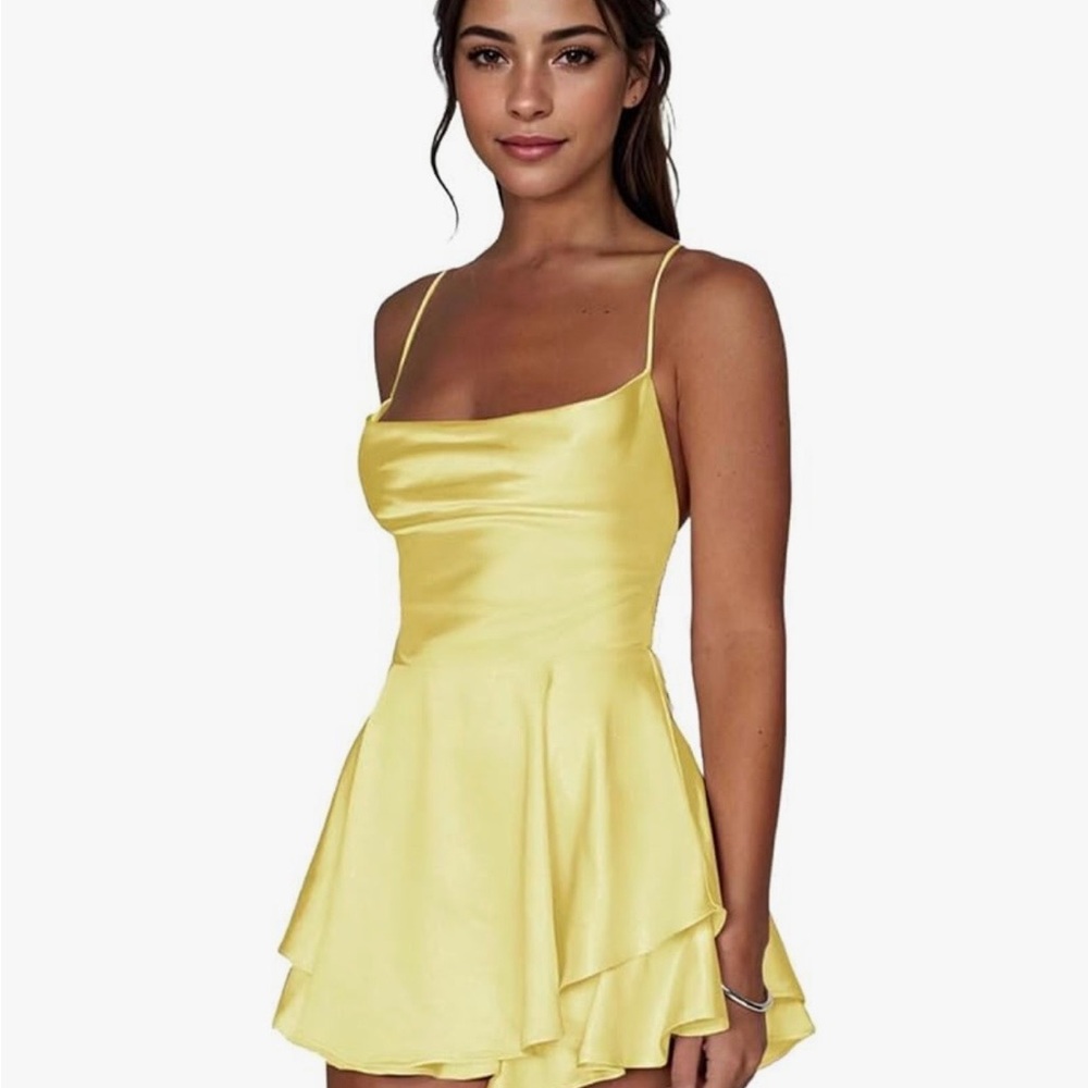 Yellow Satin Spaghetti-Strap Mini Dress